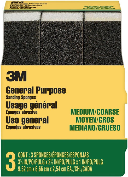 3M Medium/Coarse Sanding Sponge, 3-3/4-in x 2-5/8-in x 1-in, 3-Pack