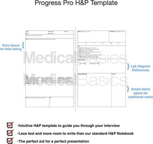 Progress Pro Notebook – H&P + 4 Progress SOAP Note (Extra Room for Note writing) – Medical History and Physical Notebook, 50 templates with perforations by Medical Basics