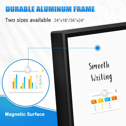 Magnetic Whiteboard - 24"x18" Black Aluminum Frame Dry Erase Board with 6 Magnets, 4 Markers & 1 Eraser
