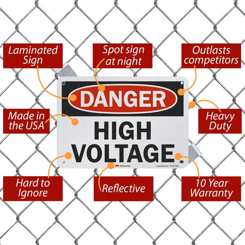 SmartSign OSHA Safety Sign, "Danger: High Voltage", 10" x 7", Reflective Black/Red on White
