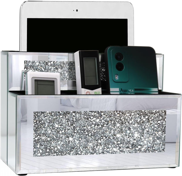 Mirrored Remote Holder, Wall or Tabletop Mounted Organizer with Crush Diamond Bling Decoration, 4 Slots in 3 Sizes,