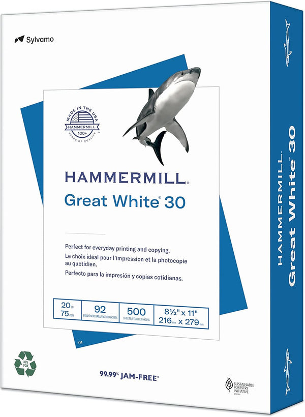 Hammermill Printer Paper, Great White 30% Recycled – 8.5 x 11 - 92 Bright, 1 Ream (500 Sheets)