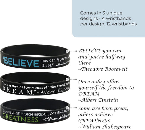 Inkstone 12-Pack Motivational Wristbands - Believe, Dream, Greatness | Silicone Rubber Bracelets for Men and Women