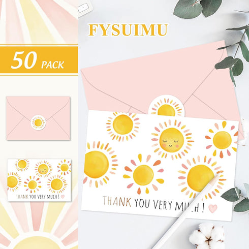 50 Pack FYSUIMU Watercolor Sun Thank You Cards Boxed Sunshine Note Cards with Envelopes Stickers Greeting Blank Card