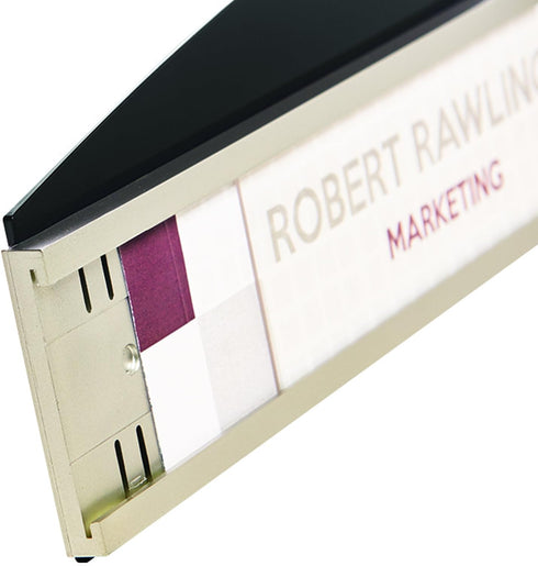 Deflecto Nameplate Sign Holder, Interior Image, Silver and Black, 8-1/2” x 2” (89105)