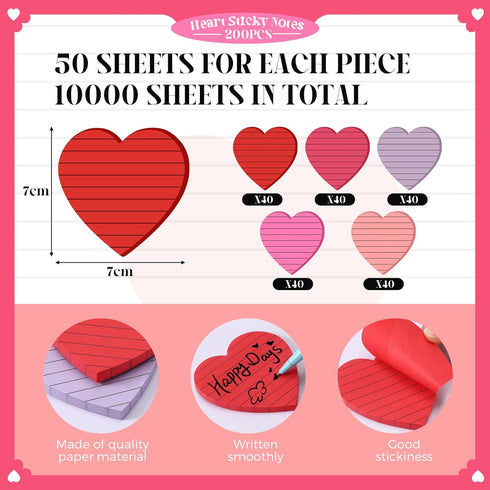 Glenmal 200 Pack Valentine's Day Heart Shape Sticky Notes, 3 x 3 Inch, Cute Self-Adhesive Pastel Notepads