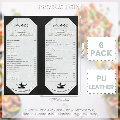 IVWNNN 4.25'' 11'' 6 Pack x Menu Covers Black PU Leather Menu Holders Book Style with Angled Corners Double View Menu