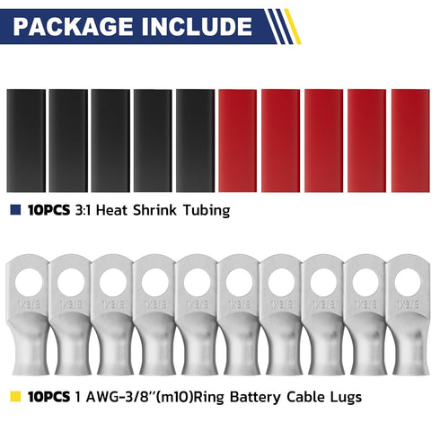 haisstronica 10pcs 1 AWG - 3/8" (M10) Tinned Copper Battery Lugs with 10pcs 3:1 Adhesive Heat Shrink Tubing, Heavy Duty