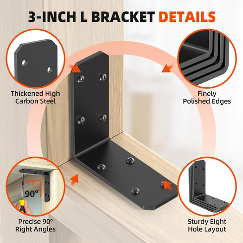 SecureLatch 3"3"1.2" 90 (Black-4PCS) Degree Galvanized Corner Brace, Heavy Duty L Shape Bracket for Wood Beams, Steel