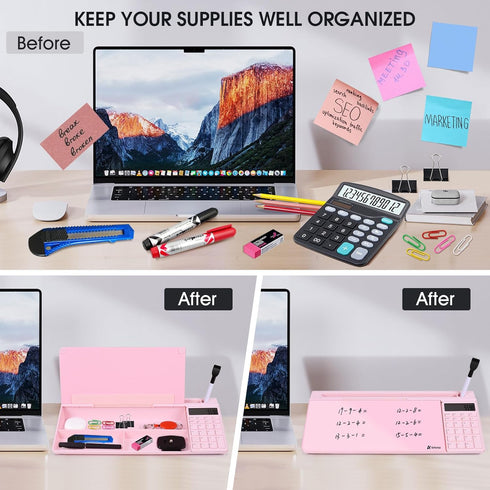 Varhomax Glass Desk Whiteboard Pink with Calculator, Desktop Dry Erase Board with Storage for Home and Office
