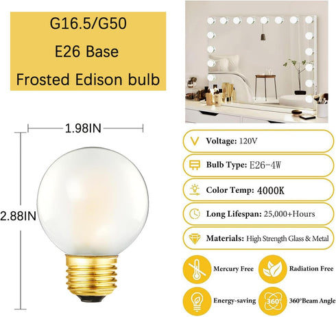 G16.5 Bulb 4W 40W Bulb, Dimmable G16 1/2 Bulb 4000k,400LM AC120V, E26 Bulbs Vanity,6Pack (4W-4000K) Frosted LED Equal