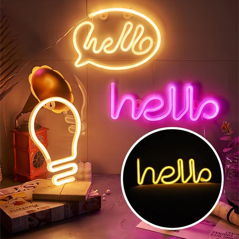 Neon Light, LED Hello Neon Word Sign, Decorative Lights for Kids Room, USB Battery Powered, Warm White