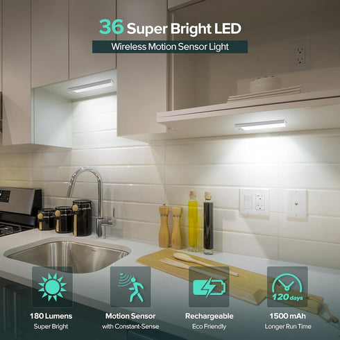 36 Closet 1500mAh 120 BLS LED Light Battery Powered, Super Bright Under Cabinet Lighting, Motion Sensor Indoor