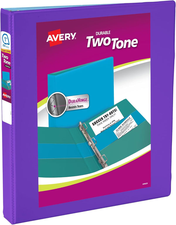 Avery Two-Tone Durable View 3 Ring Binder, 1 Inch Slant Rings, Violet/Soft Blue Binder (17131)