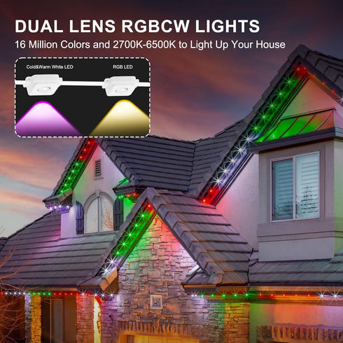 50ft 30 Bulbs 100+ IP67 Permanent Outdoor Eaves Lights, with RGB LED for Festive Decor, Scene Options, Waterproof