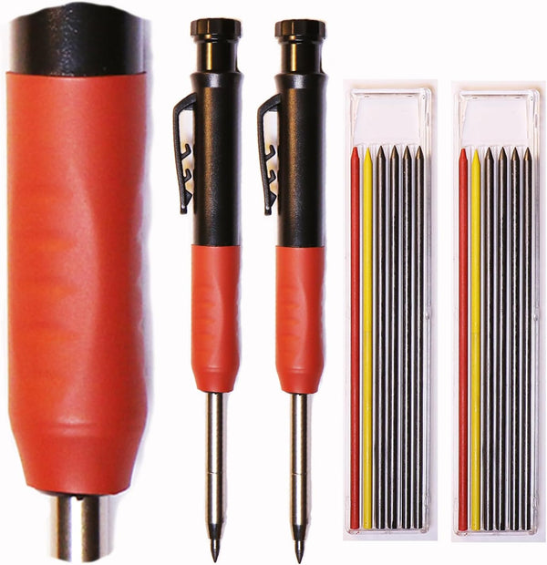 RUBBER GRIP TWO PACK Carpenter Pencil Set with 14 Refills and Built-In Sharpener