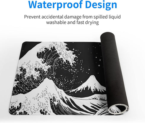 Black and White Japanese Wave Dragon Gaming Mouse Pad - Abstract Non-Slip Rubber Base, 31.5x11.8 Inch, Stitched Edges