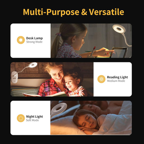 Clip on Light for Bed & Desk, Flexible Gooseneck, Battery Operated Rechargeable Clamp Lamp for Reading in Bed