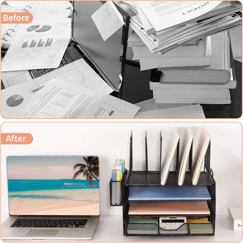 Desk Organizers and Accessories, 3-Tier Paper Organizer with 5 Vertical File Holders, File Organizer for Desk with
