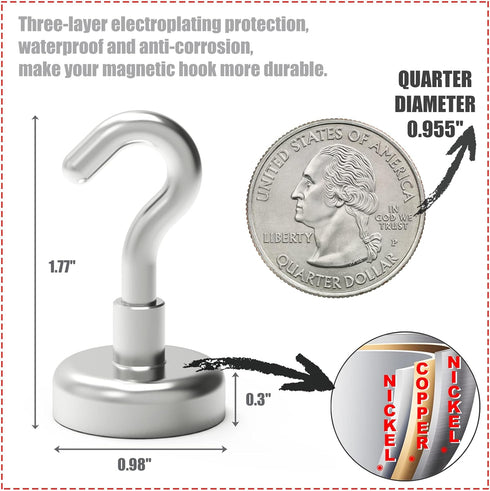 Strong Neodymium Magnetic Hooks, Heavy Duty Rare Earth Hooks for Hanging, Key Holder, Pack of 10