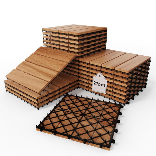 Acacia Wood Deck Tiles, 12" x 12" Interlocking Outdoor Flooring for Patio,