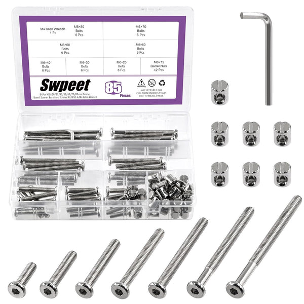 Swpeet 85Pcs M6 20/30/40/50/60/70/80mm Nickel Plated Screws Kit, Hex Socket Head Cap Crib