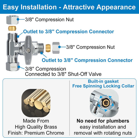 Brass Angle Stop Add-A-Tee Valve, 3/8 x 3/8" x 3/8" Compression Water Splitter