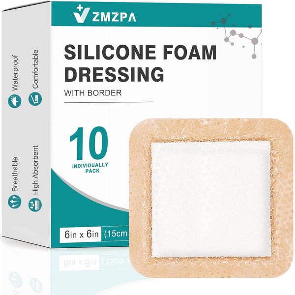 ZMZPA Silicone Foam Dressing 6x6 Gentle Border, Super Absorbent Wound Dressing, Bed Sore