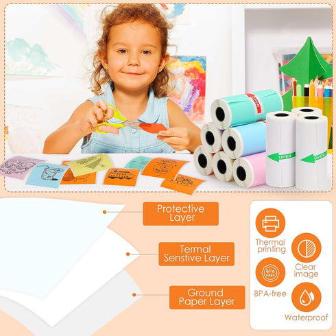 HuiJuKeJi 9 Rolls Mini Printer Sticker Paper - Thermal Self-adhesive Paper for Pocket Printer