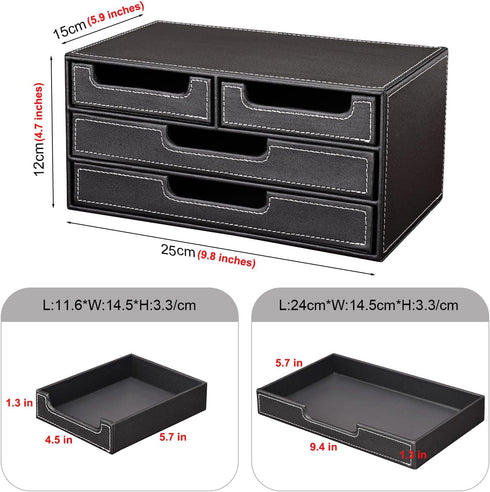 KINGFOM PU Leather Desk Organizer with 4 Drawers, Small Desktop Organizer for Office Supplies