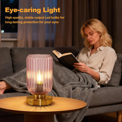 Dimmable Bulb LigthRound Touch Table Lamp for Bedroom, Cordless Bedside Small Table Lamp, Rechargeable Battery Operated