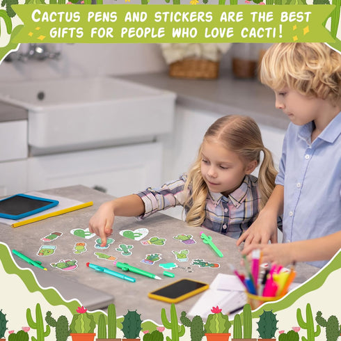 Sayglossy 24 Sets Cactus Party Favors Cute Themed Gifts Bulk Cactus Ballpoint Pen Cards Stickers Keychain Gift Bags