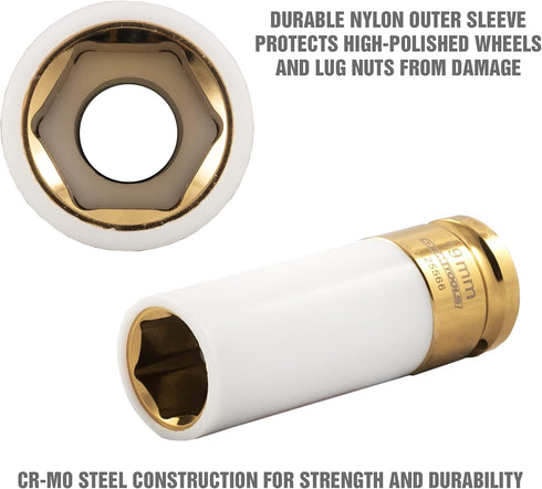 25566 19MM 1/2" 19mm 400 Ft-Lb OEMTOOLS Lug Nut Socket, Drive Socket for Wheel Service, Non-Marring Sleeve, Thin Wall