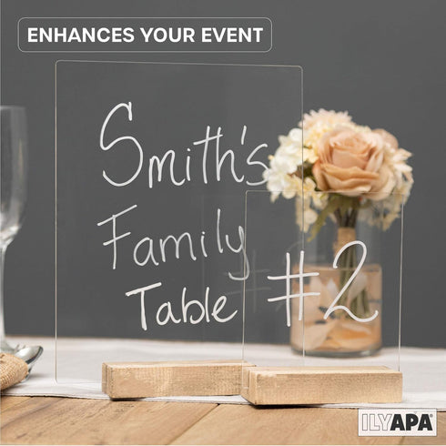 Ilyapa Acrylic Sign Holders with Natural Wood Stands, 4 Pack - 8x10 Inch Blank Table Numbers for Wedding Reception