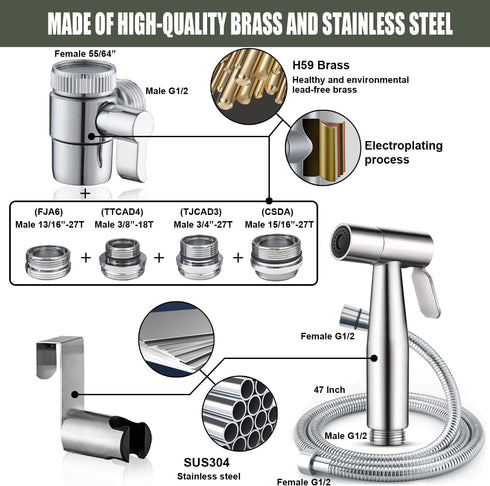 Set Premium Brushed Sink Faucet Handheld Bidet Sprayer for Toilet -Bidet Attachment for Warm & Cold Water with Dual