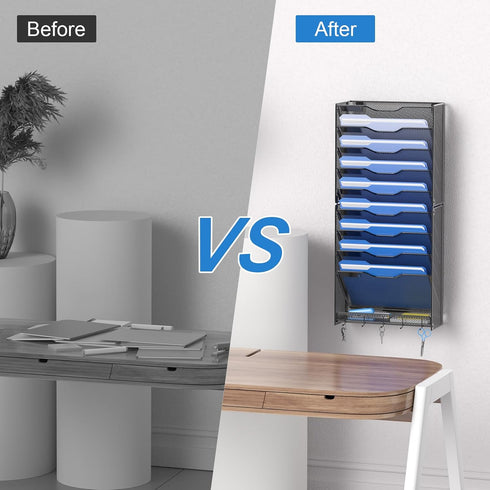 OUTWOLF 10 Tier Hanging Wall File Organizer, Wall Mount Paper Document Holder for Home Office Organization