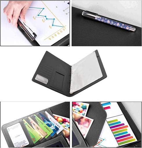 Enyuwlcm PU Leather Padfolio Ring Binder - Clipboard Resume Leather Portfolio with 20 Clear Plastic Sleeves, Black
