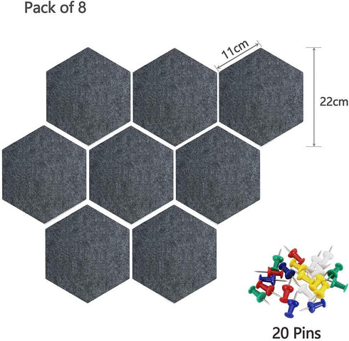 Felt Hexagon Bulletin Board Pack of 8 with 20 Push Pins, Notice Boards for Home Office Kitchen, Felt Wall Tiles
