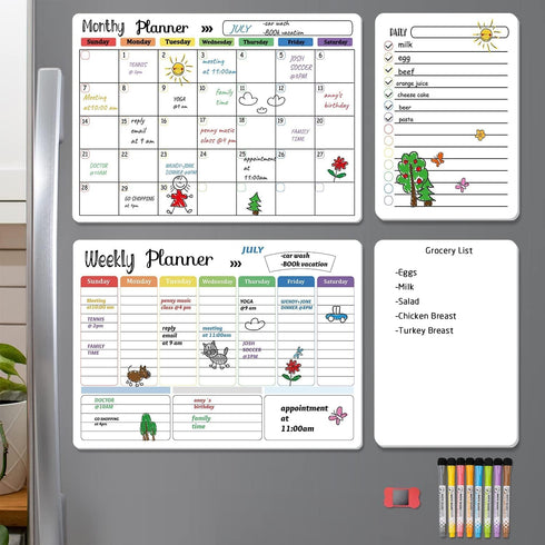 Hivillexun Magnetic Dry Erase Calendar Whiteboard Set (4-Pack) for Home, Monthly & Weekly Views, 8 Markers & Eraser
