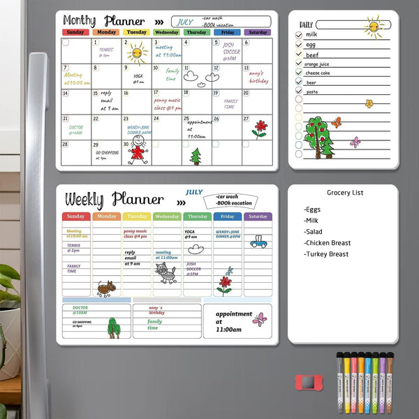Hivillexun Magnetic Dry Erase Calendar Whiteboard Set (4-Pack) for Home, Monthly & Weekly Views, 8 Markers & Eraser
