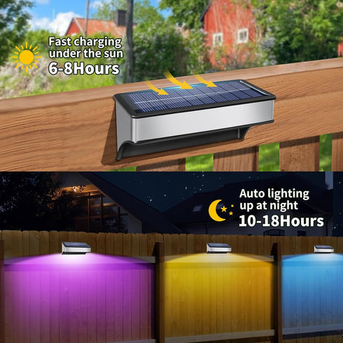4 Pack 10 Solar Fence Lights Outdoor RGB Color Changing and Fix Colors Stainless Steel Waterproof Solar Lights LED Wall