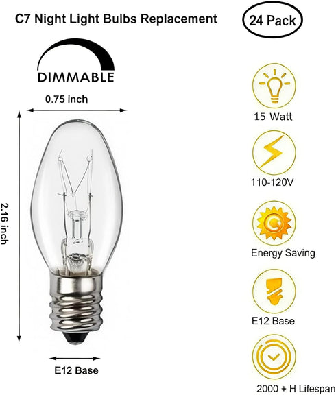 24 Pack C7 Bulbs, 15 Bulbs Dimmable, E12 Bulbs Bulbs LinMiFo Night Light Watt Night Light Candelabra Base Salt Lamp Wax