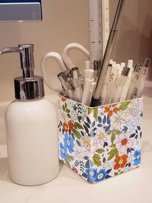 Ceramic Pen Pencil Holder, Makeup Brush Organizer with 2 Compartments, Floral Multi-functional Storage Caddy, Pink