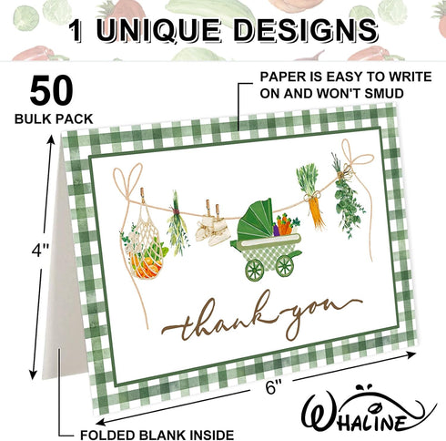 50 Pack 4 6 Inch Whaline Baby Shower Thank You Cards Boxed Green Plaid Vegetable Greeting Cards with Envelopes Stickers