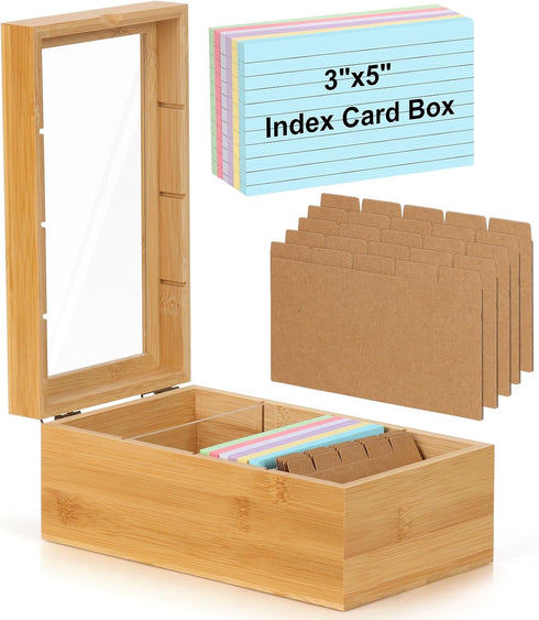 DLUGOPIS Bamboo Index Card Organizer - 3x5 Index Card Holder Box With Dividers