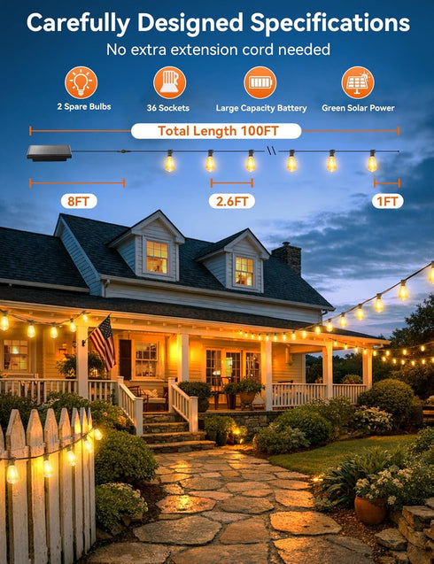 100FT 36+2 ST38 Bulbs, Dimmable 3 Brightever Solar String Lights Outdoor Waterproof with Remote, Shatterproof LED Patio