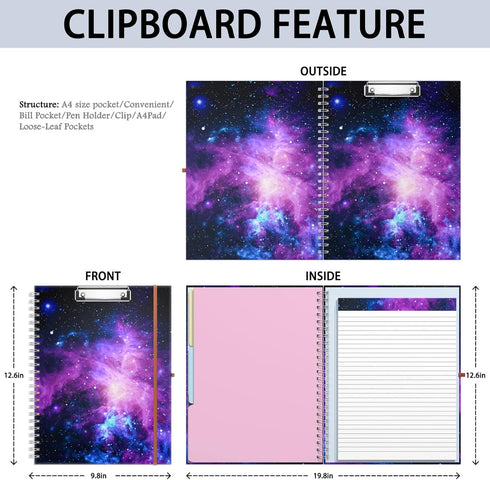Rimilak Spiral Clipboard Folio with Refillable Lined Notepad, 14.5 x 9.8Inch, Hardcover Clipboard with 5 Interior Pockets, Elastic Band and Pen Loop Series. Cute Stylish Clipfolio, Galaxy