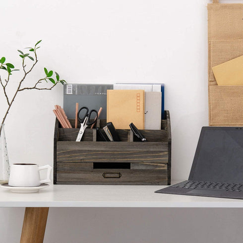 VERGOODR Rustic Wood Desk Organizer with Drawer and Pen Holder, Bill Mail Organizer for Kitchen Desk Decorative