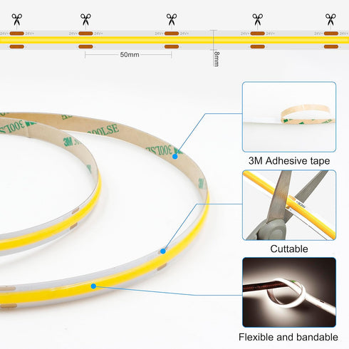 Dimmable 16.4FT/5M Light,4000K 2400LEDs 90+ AXMOTUT COB LED Strip Light with Remote, Flexible High Density LED Natural