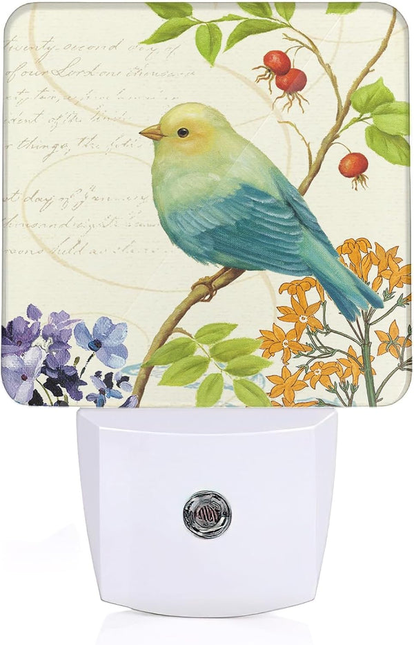 ENUIEO Bird Flower Night Light, Vintage Watercolor Bird Flower Night Lights Plug Into